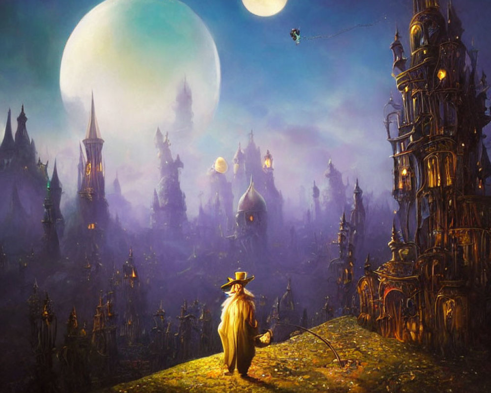 Robed figure with staff gazes at city of towering spires under moon