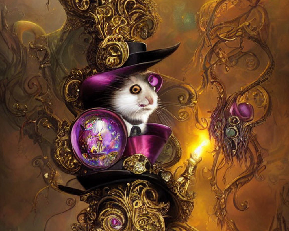 Stacked Cats in Top Hats with Mystical Purple and Golden Accessories