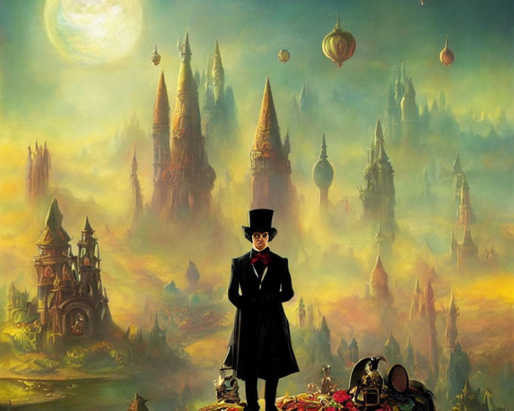 Person in top hat in fantastical landscape with towering spires, floating lanterns, and luminous