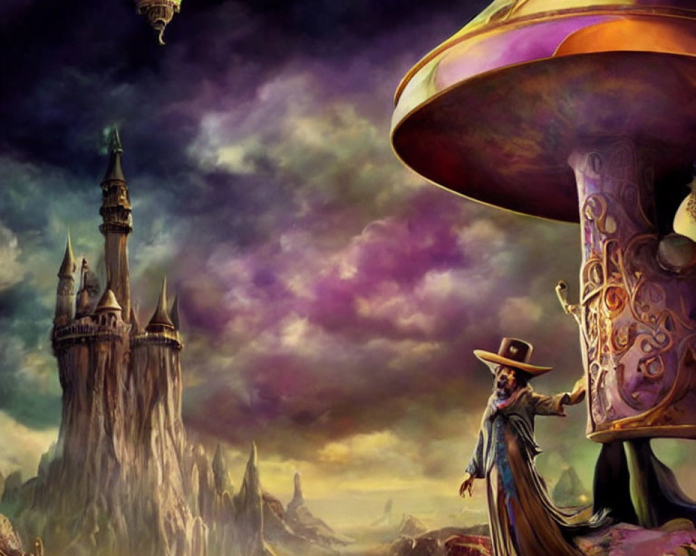 Fantasy landscape with towering castle, giant mushroom, hot air balloon, and mysterious figure