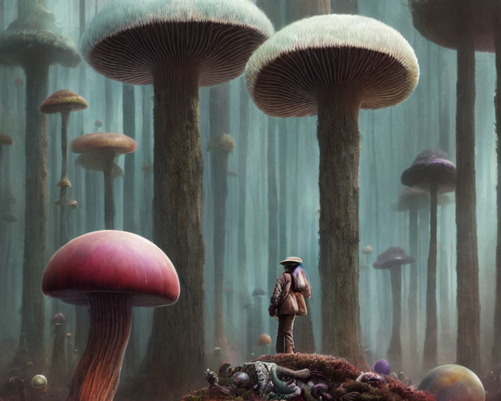 Mystical forest with oversized mushrooms in misty setting