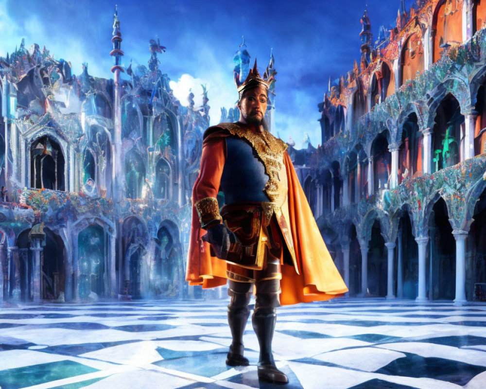 Regal figure in crown and armor in grand Gothic palace landscape