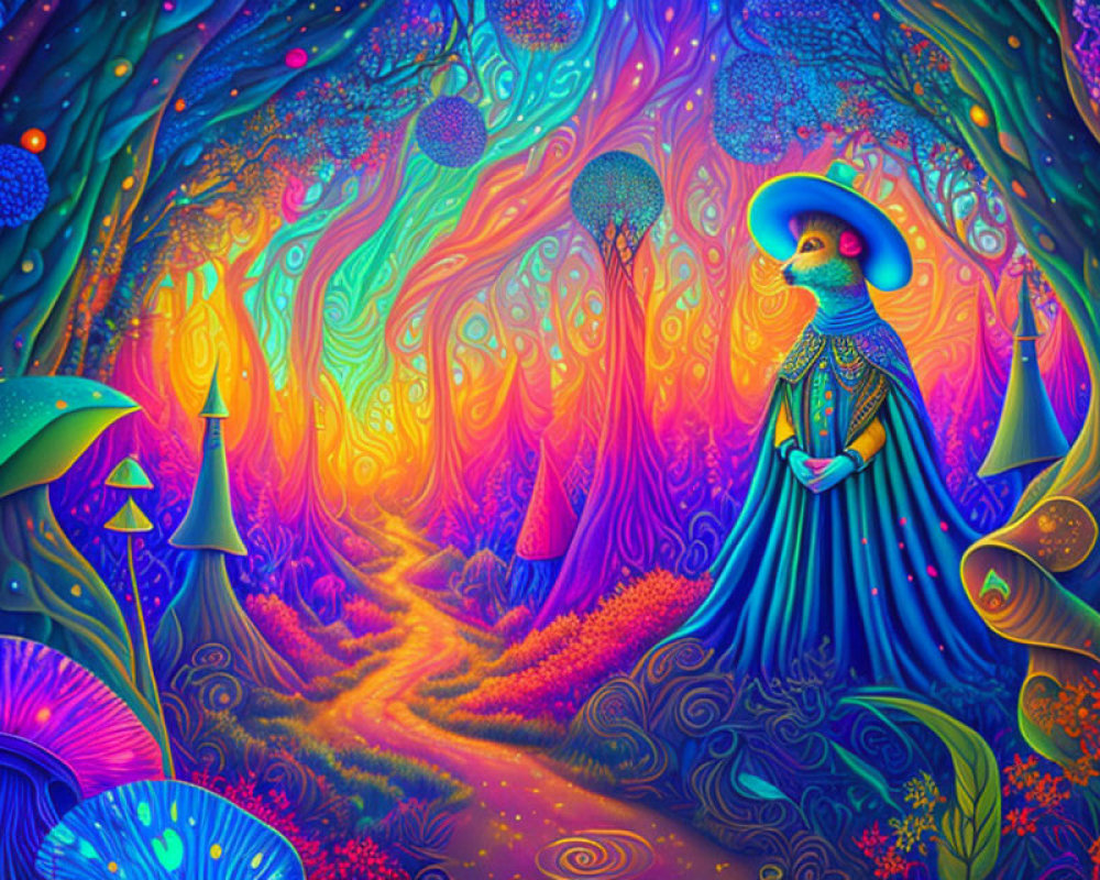 Colorful Psychedelic Illustration of Cloaked Figure in Mystical Forest