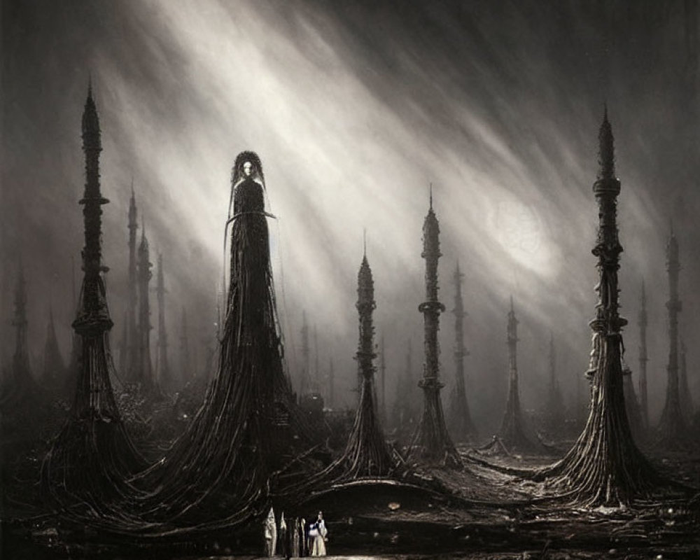 Group of People in Dark Landscape with Towering Spires and Beams of Light