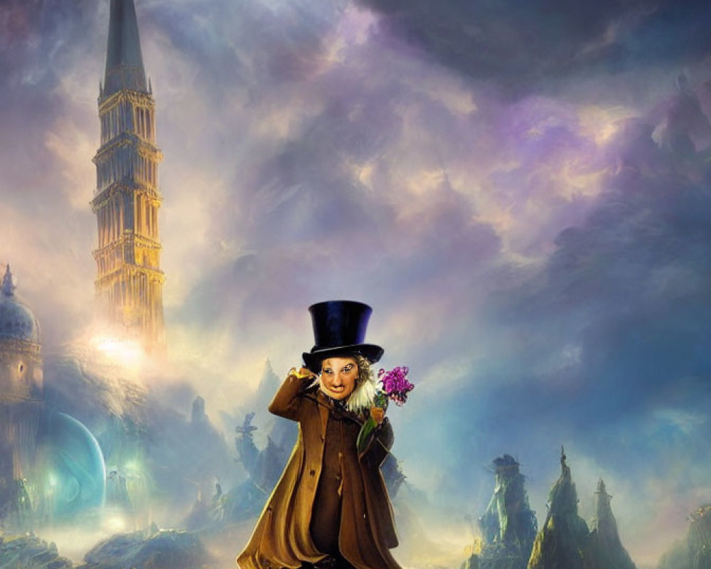 Child with top hat holding flowers in whimsical artwork with magical landscape.