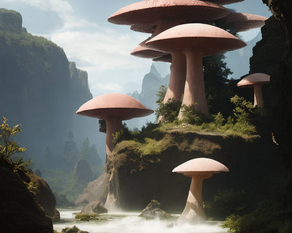 Mystical landscape with oversized pink mushrooms beside a misty river