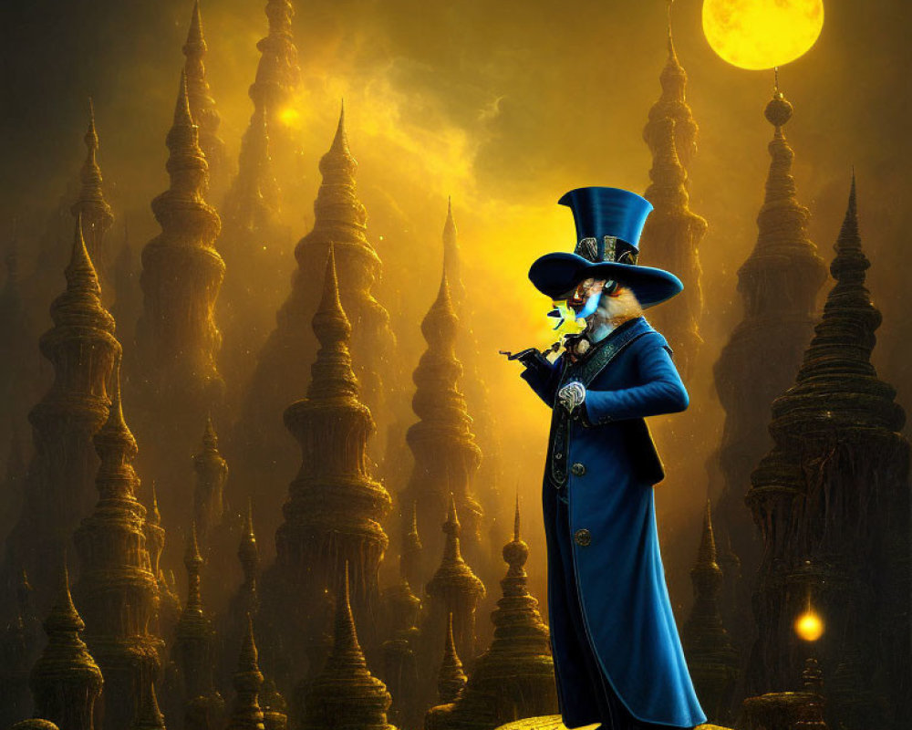 Whimsical figure in blue coat and top hat under golden moon with glowing orb and cane