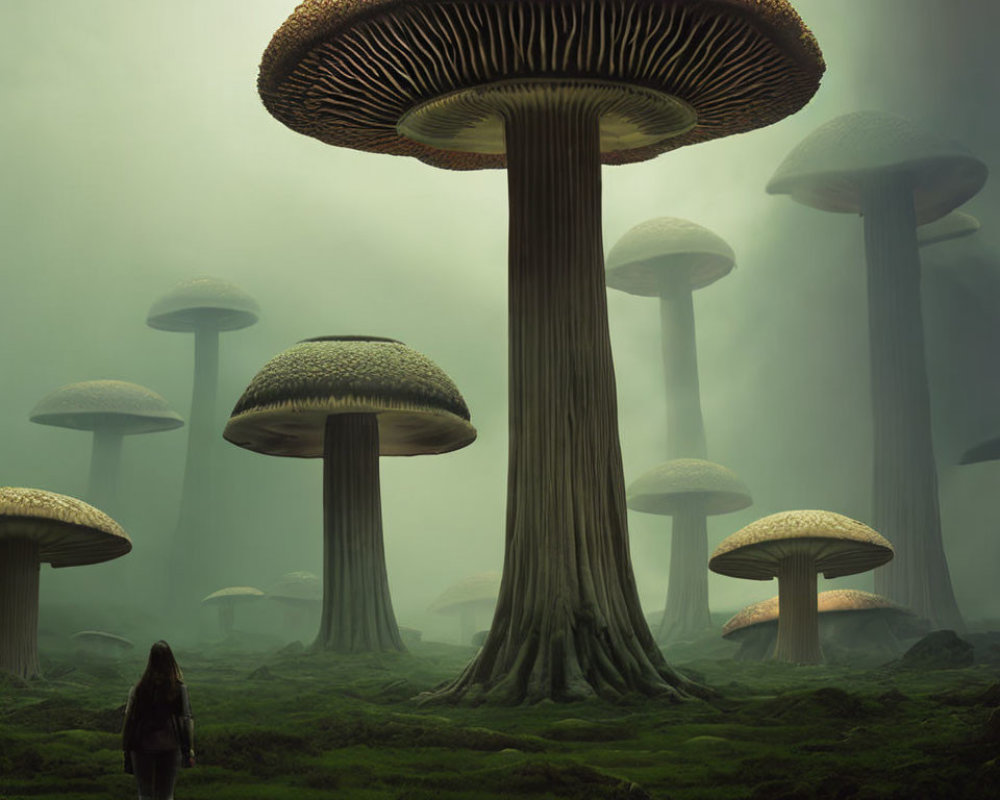 Person in Surreal Forest of Oversized Mushrooms amid Mist