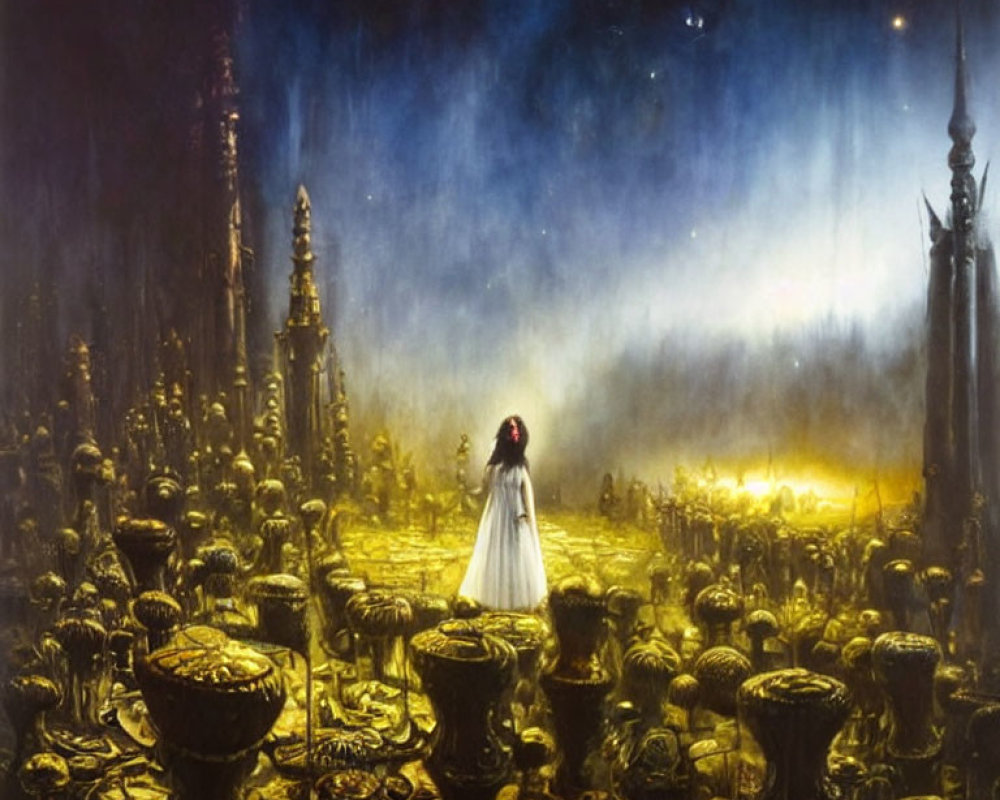 Person in white dress with red hood in mystical, golden landscape.