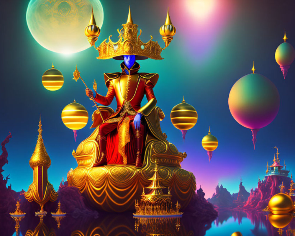 Regal figure in red and gold on golden throne amid floating orbs and spires