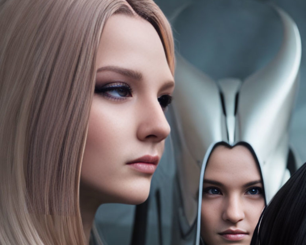 Two female-like figures with pale skin and cybernetic features in close-up.