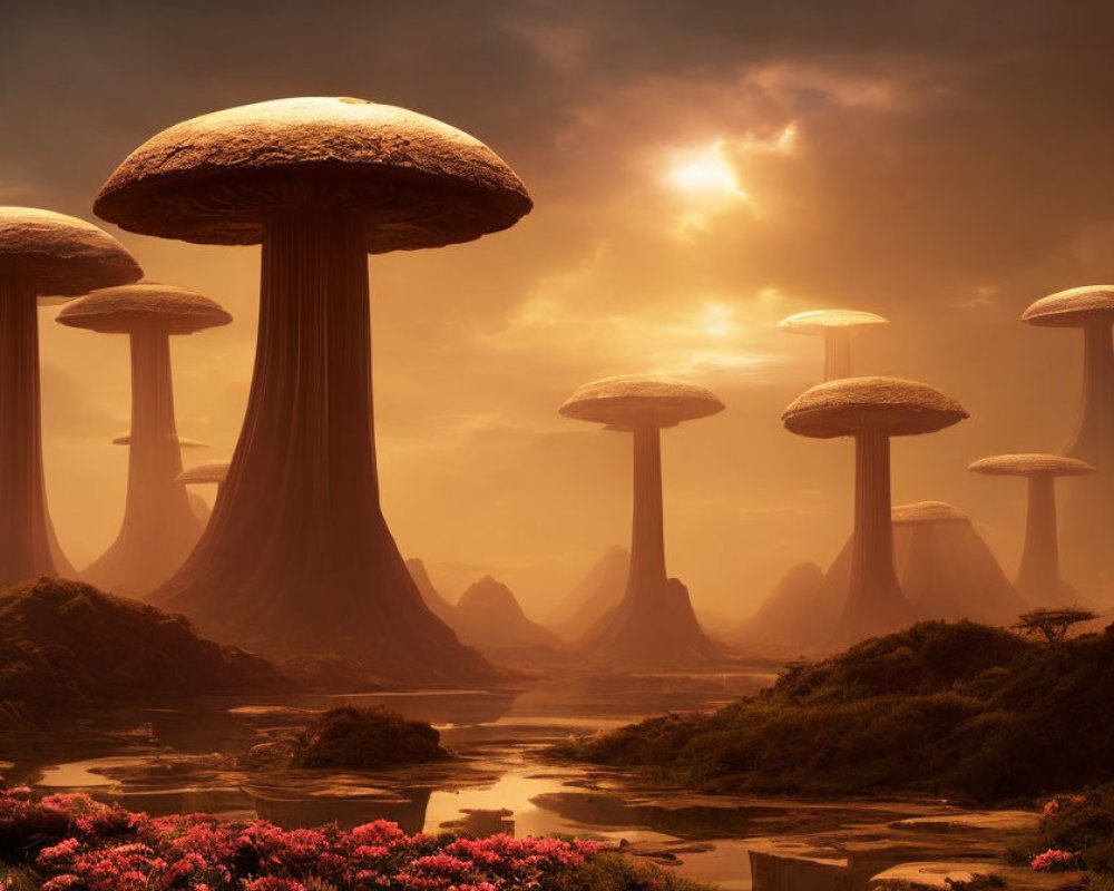 Fantastical landscape with giant mushroom-like structures and pink flora by serene river valley