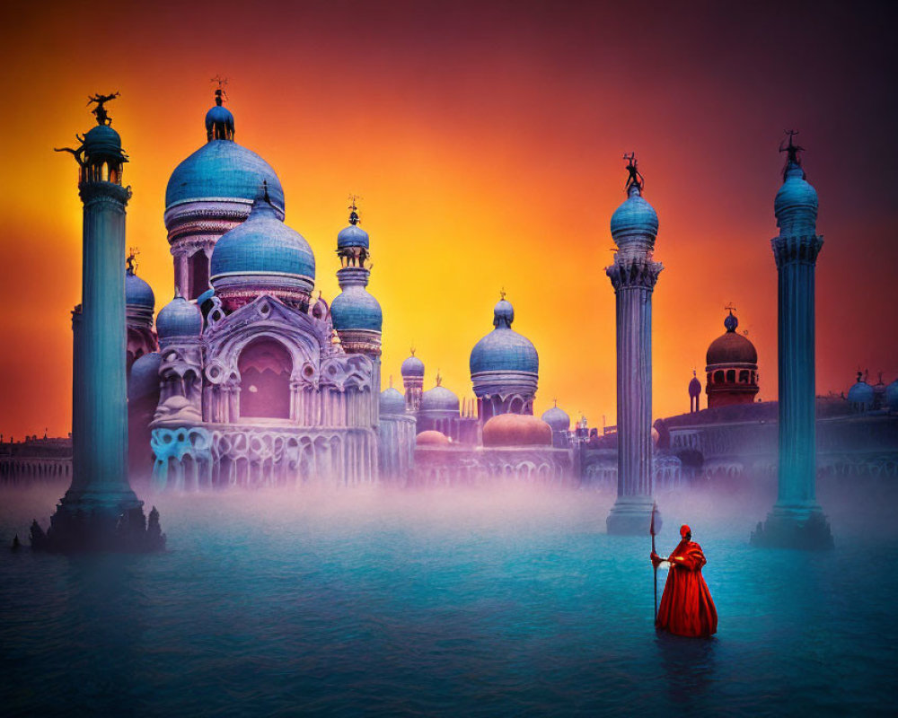 Person in red dress on water near misty blue palace at sunset