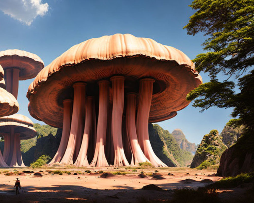 Person standing before giant mushroom-like structures in forest landscape