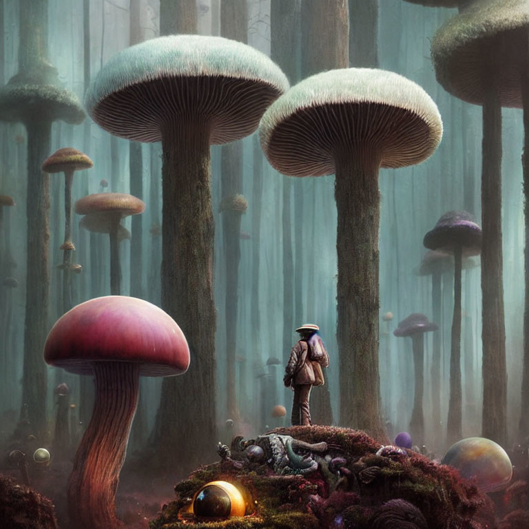 Mystical forest with oversized mushrooms in misty setting