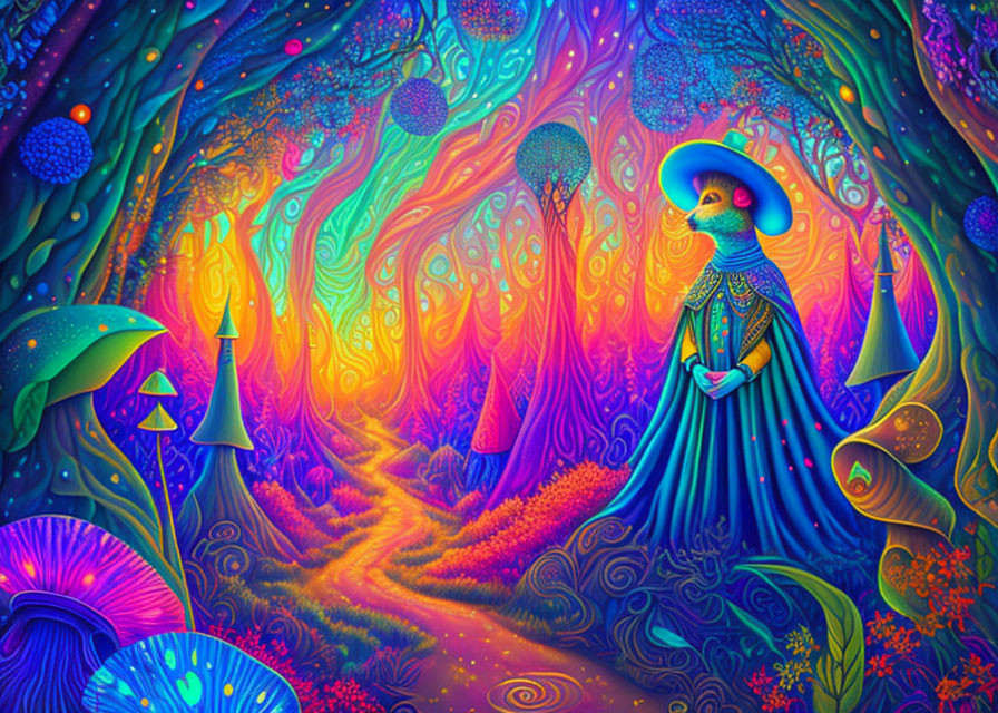 Colorful Psychedelic Illustration of Cloaked Figure in Mystical Forest