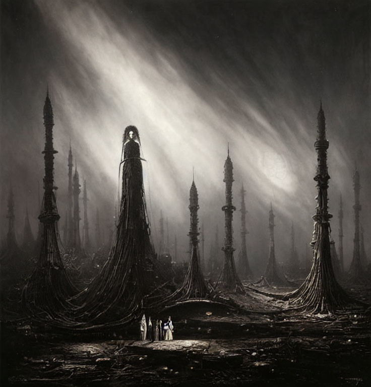 Group of People in Dark Landscape with Towering Spires and Beams of Light