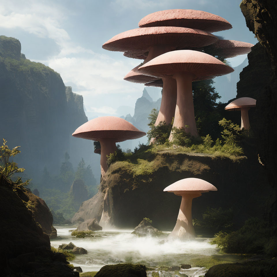 Mystical landscape with oversized pink mushrooms beside a misty river