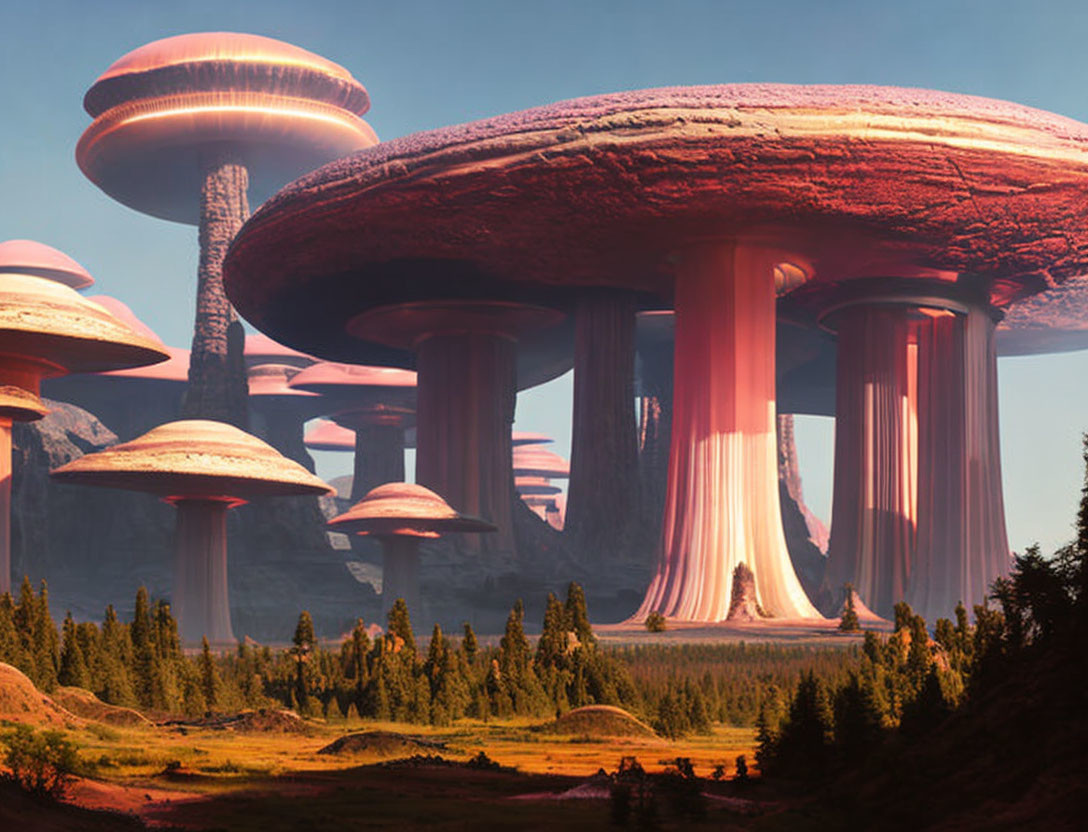 Fantastical landscape with towering mushroom-like structures and glowing sky