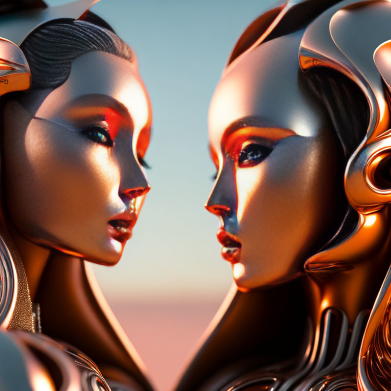 Metallic humanoid figures with intricate designs in soft-lit setting