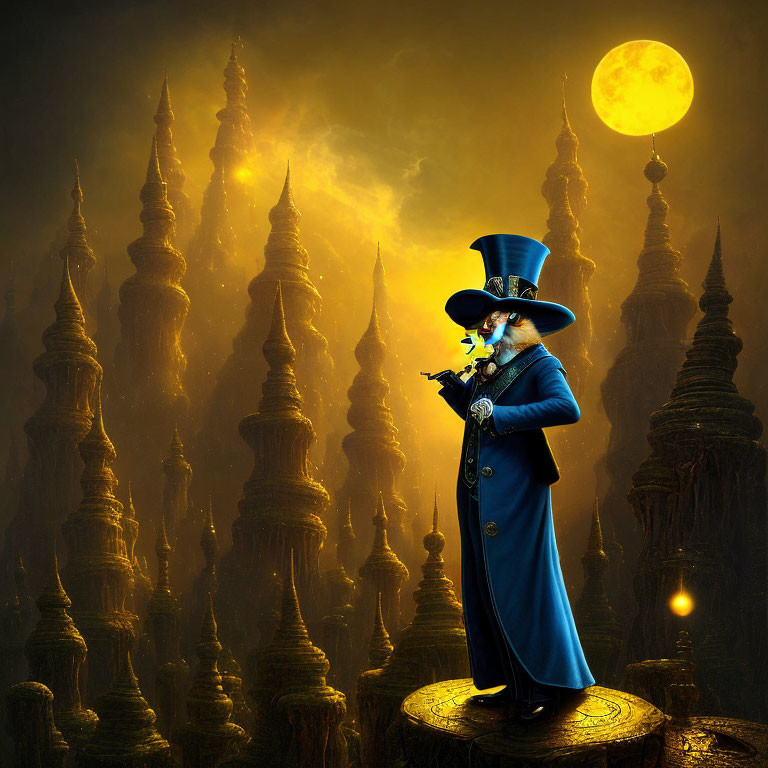 Whimsical figure in blue coat and top hat under golden moon with glowing orb and cane