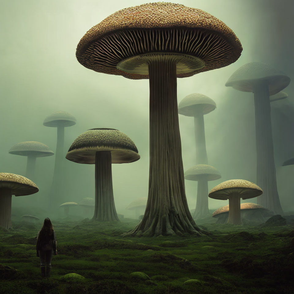 Person in Surreal Forest of Oversized Mushrooms amid Mist