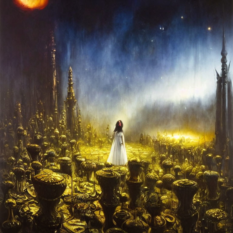 Person in white dress with red hood in mystical, golden landscape.