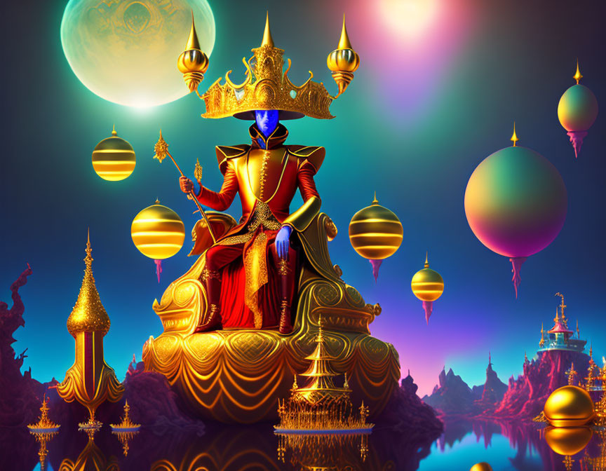 Regal figure in red and gold on golden throne amid floating orbs and spires