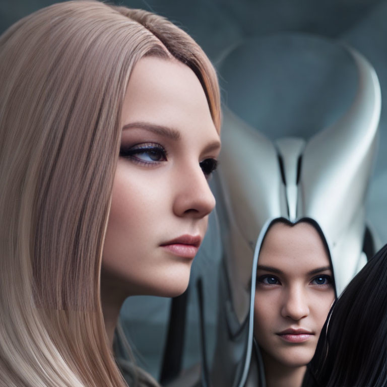 Two female-like figures with pale skin and cybernetic features in close-up.