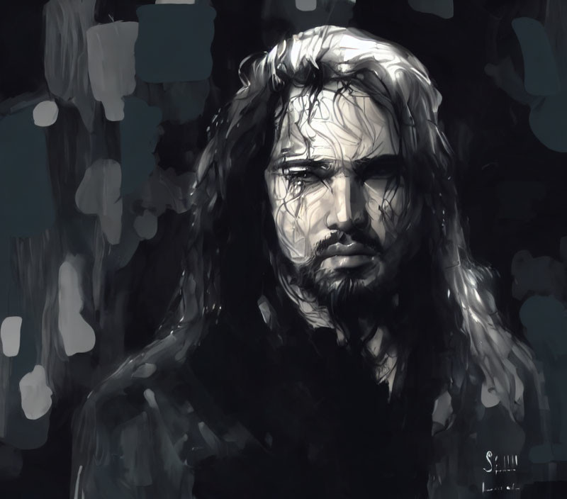 Monochromatic digital painting of pensive man with long hair