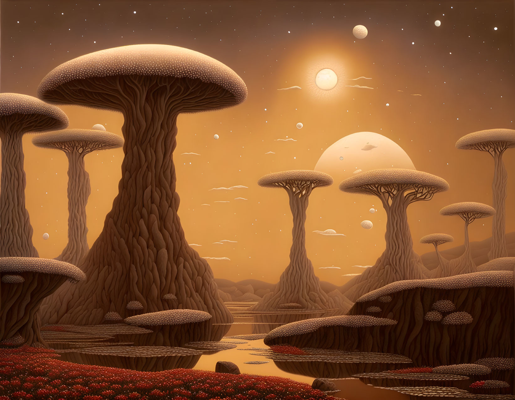 Fantasy landscape with towering mushroom-like trees under starry sky and two moons, surrounded by red flora