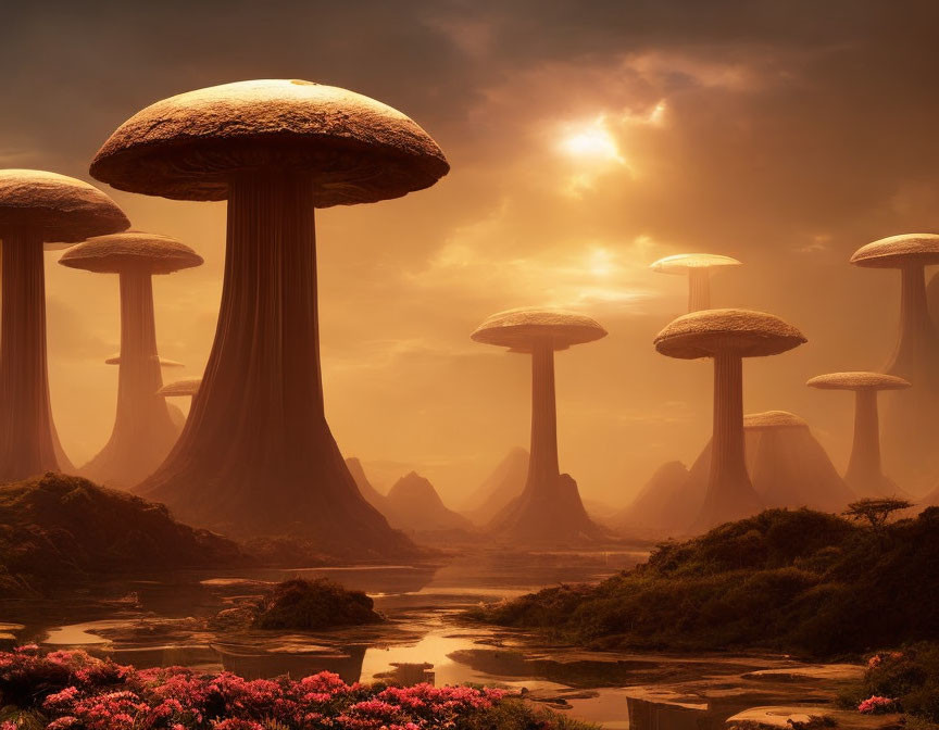 Fantastical landscape with giant mushroom-like structures and pink flora by serene river valley