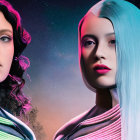 Futuristic fashion and makeup on two women in cosmic setting