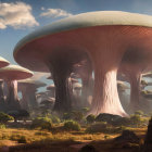 Fantastical landscape with towering mushroom-like structures and glowing sky