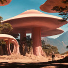 Person standing before giant mushroom-like structures in forest landscape