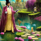 Fantasy landscape with character in hat and cloak, floating city, vibrant flora, and ethereal lighting