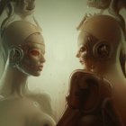 Metallic humanoid figures with intricate designs in soft-lit setting