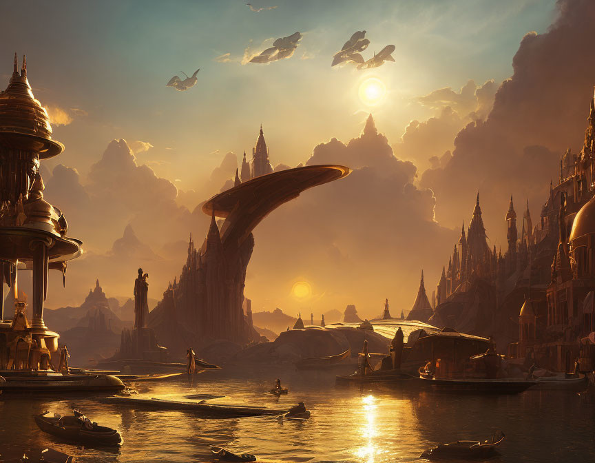 Futuristic sci-fi cityscape at golden sunset with flying craft.