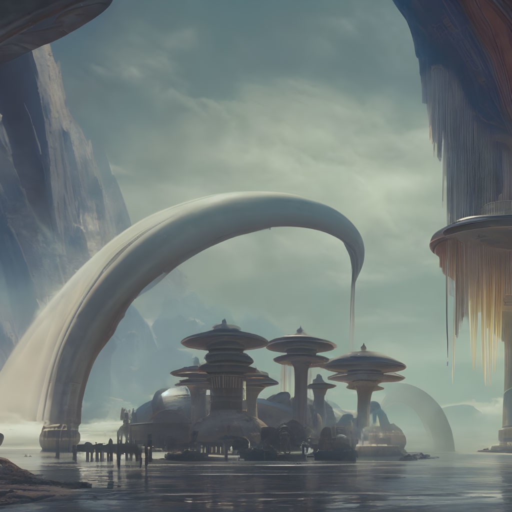 Futuristic city with domed structures and arching bridges in a serene setting