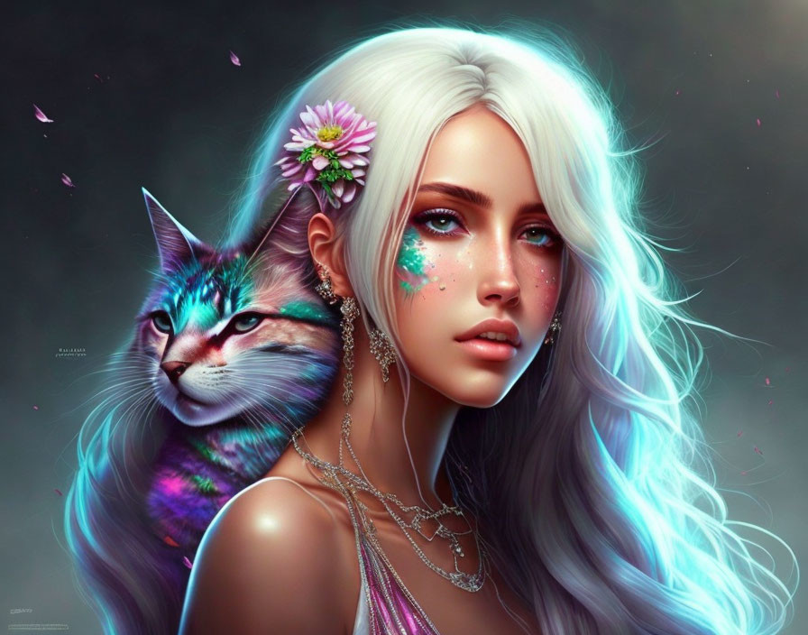 Woman with White Hair and Mystical Cat Adorned with Flowers