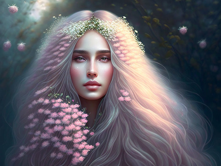 Digital Artwork: Woman with Blossom-Adorned Hair in Floral Setting