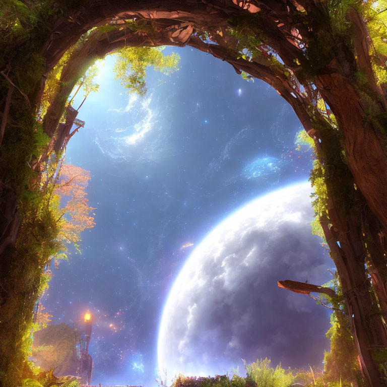 Fantastical scene: Trees arching over giant planet in vibrant celestial sky