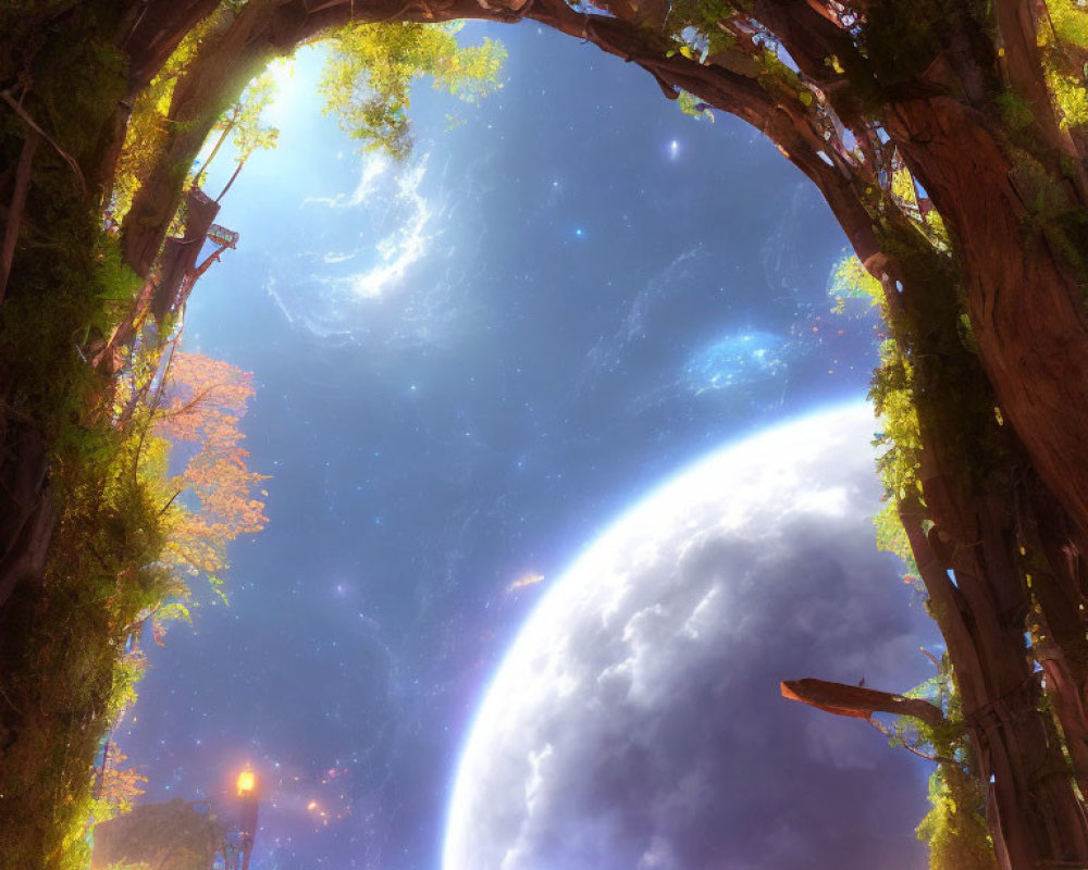 Fantastical scene: Trees arching over giant planet in vibrant celestial sky