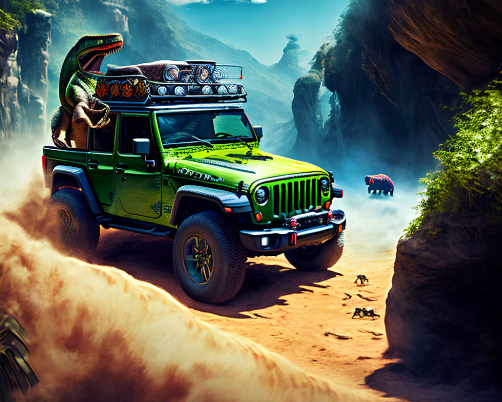 Animated dinosaur driving green jeep on jungle path with waterfall, chasing red car