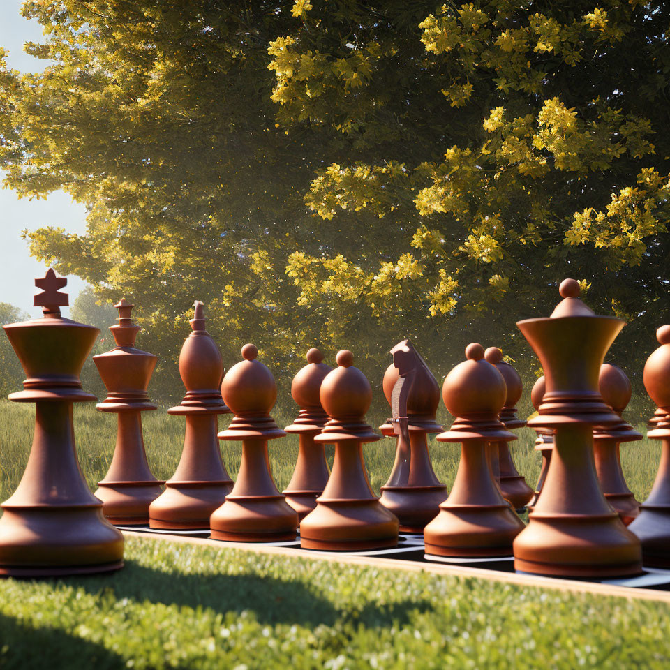 Chess Set in Outdoor Setting with Sunlight and Trees