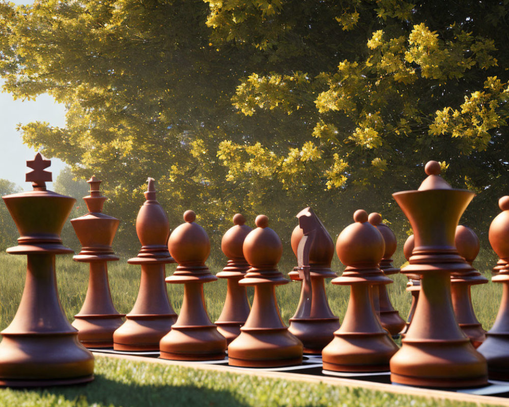 Chess Set in Outdoor Setting with Sunlight and Trees