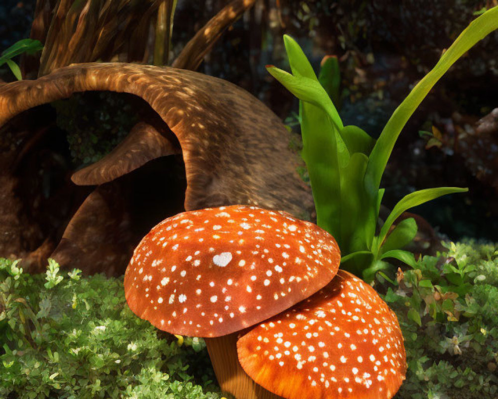 Vibrant red mushrooms with white spots in lush forest setting