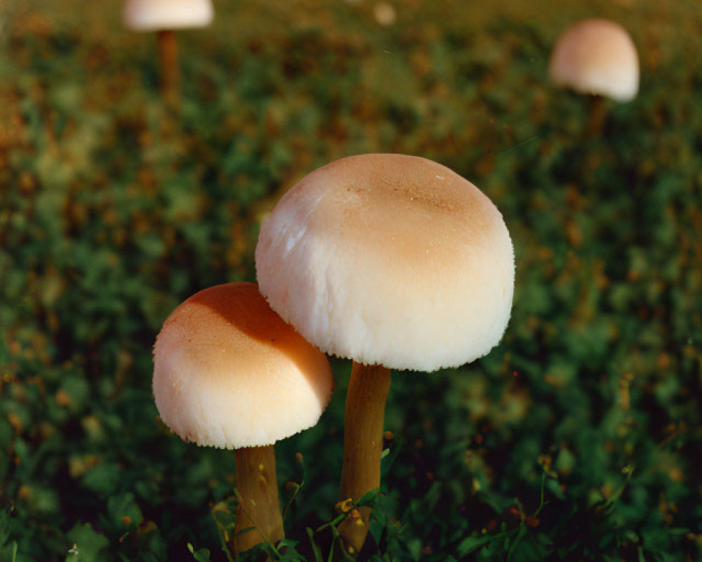 Large Dewy Mushrooms in Field under Clear Blue Sky