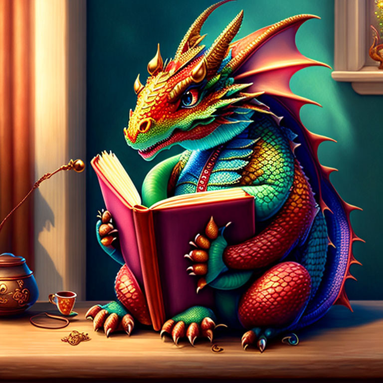 Colorful dragon with golden horns reading book by window with tea cup - cozy, intellectual scene