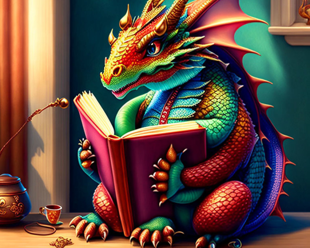 Colorful dragon with golden horns reading book by window with tea cup - cozy, intellectual scene